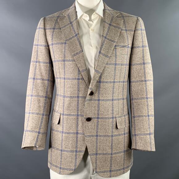 SUIT SUPPLY Size 46 Beige Navy Plaid Wool Linen Silk Sport Coat - Picture 1 of 9